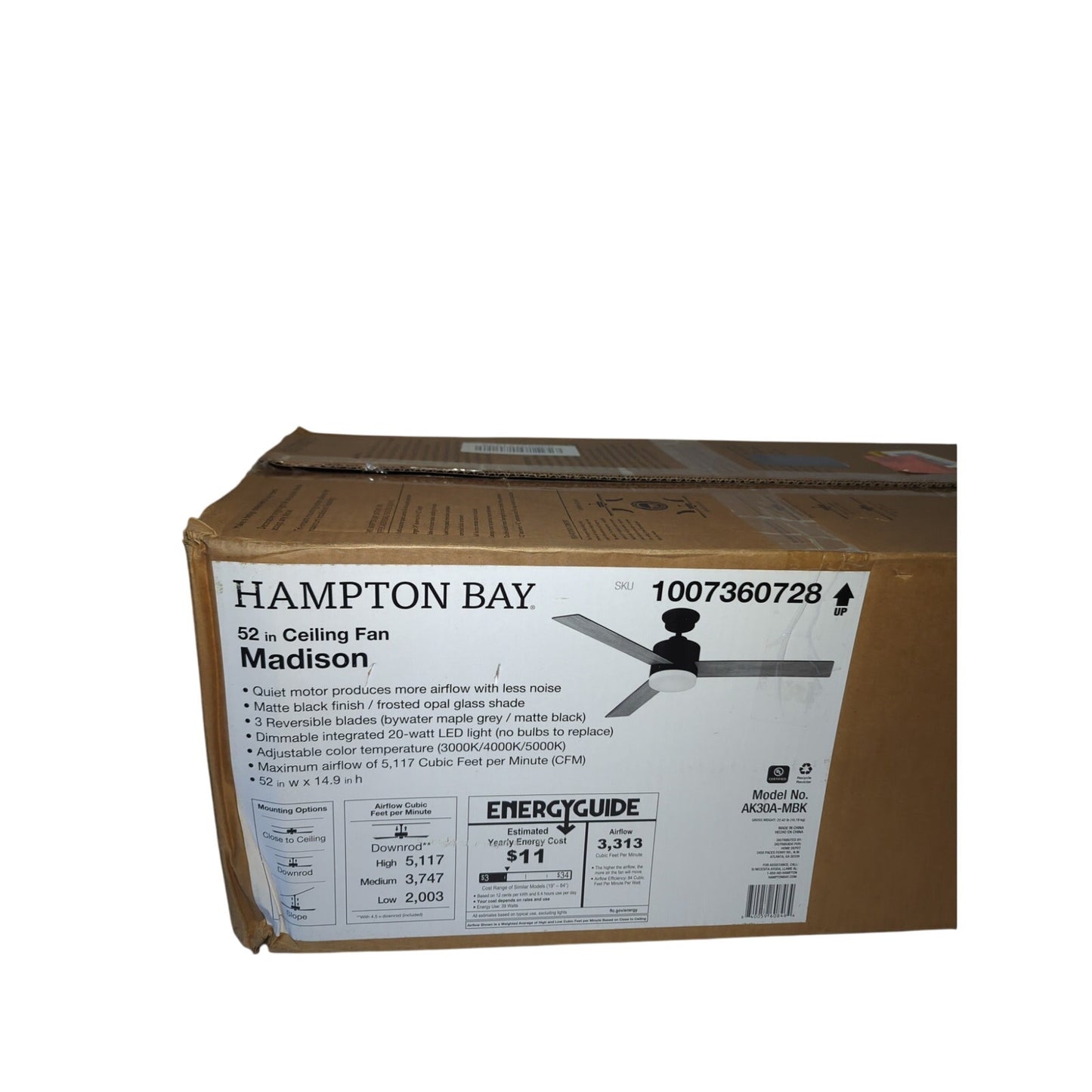 Hampton Bay 52 in Madison Indoor Ceiling Fan Matte Black Frosted Opal Glass Shade