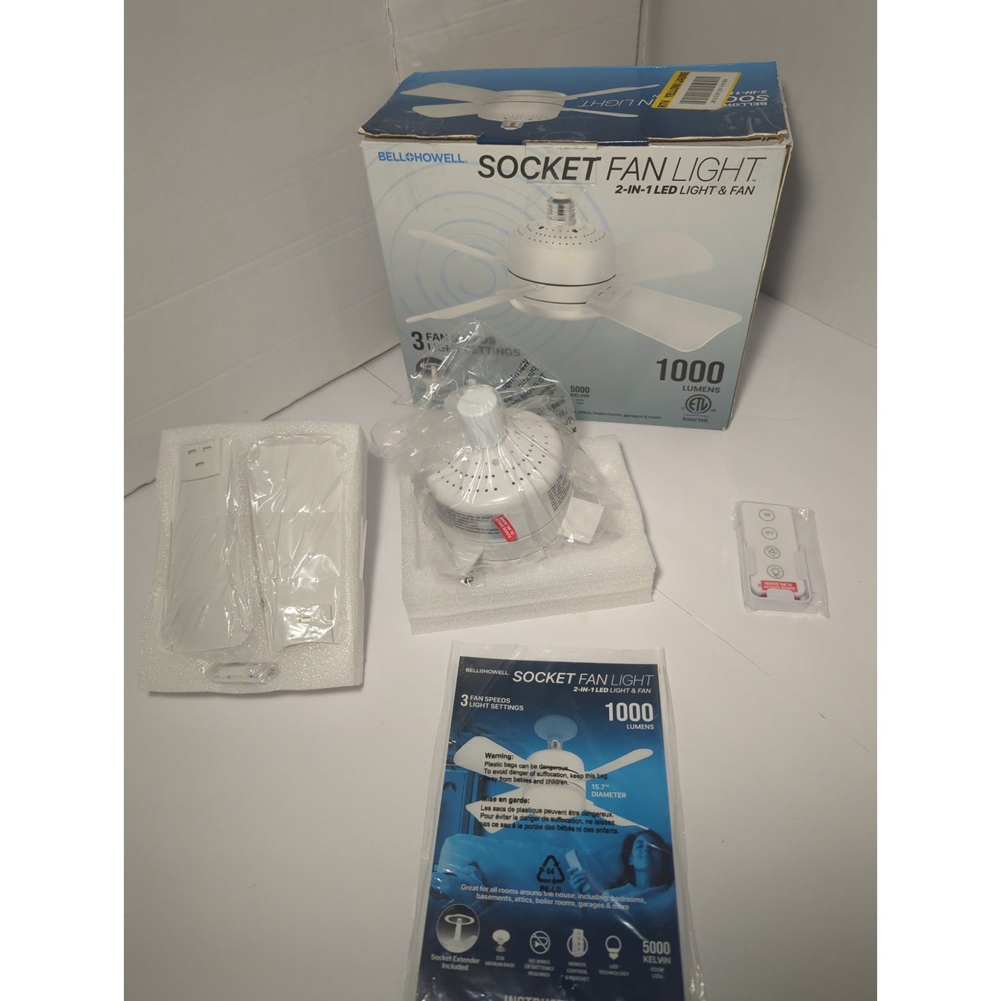 Bell Howell Socket Fan Light 2 in 1 LED Tech Remote Controlled 3 Speed