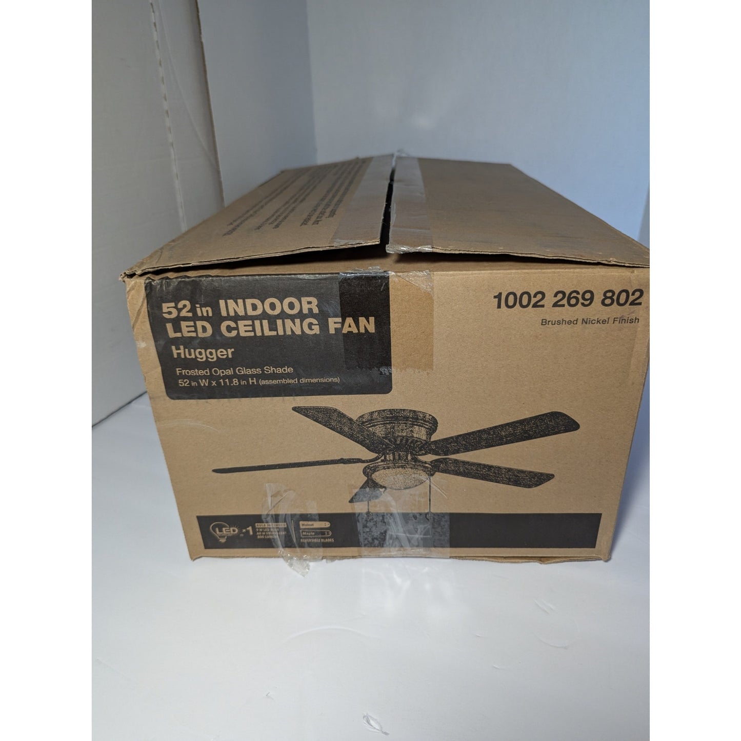 Hugger 52 in Indoor LED Ceiling Fan Brushed Nickel Frosted Opal