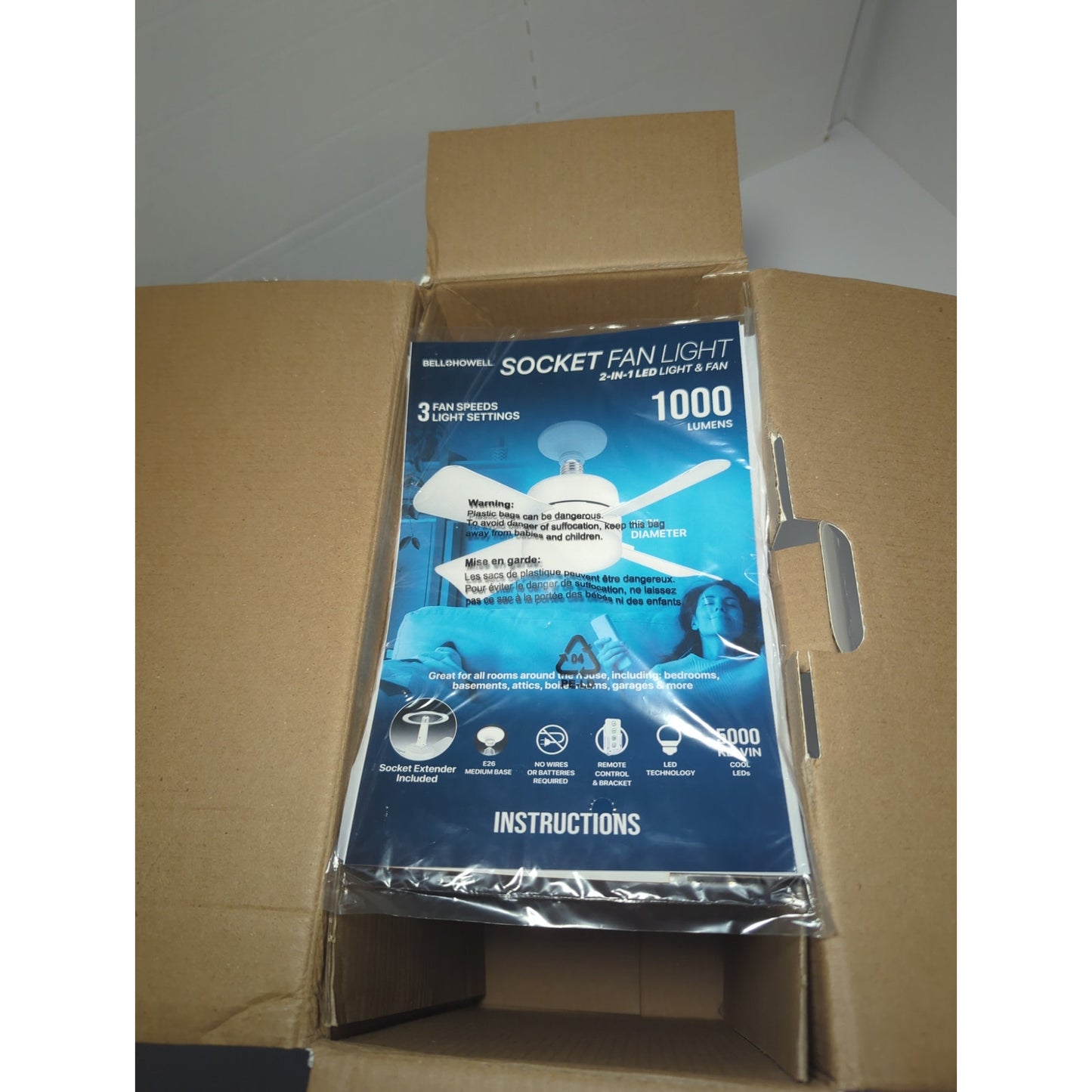 Bell Howell Socket Fan Light 2 in 1 LED Tech Remote Controlled 3 Speed
