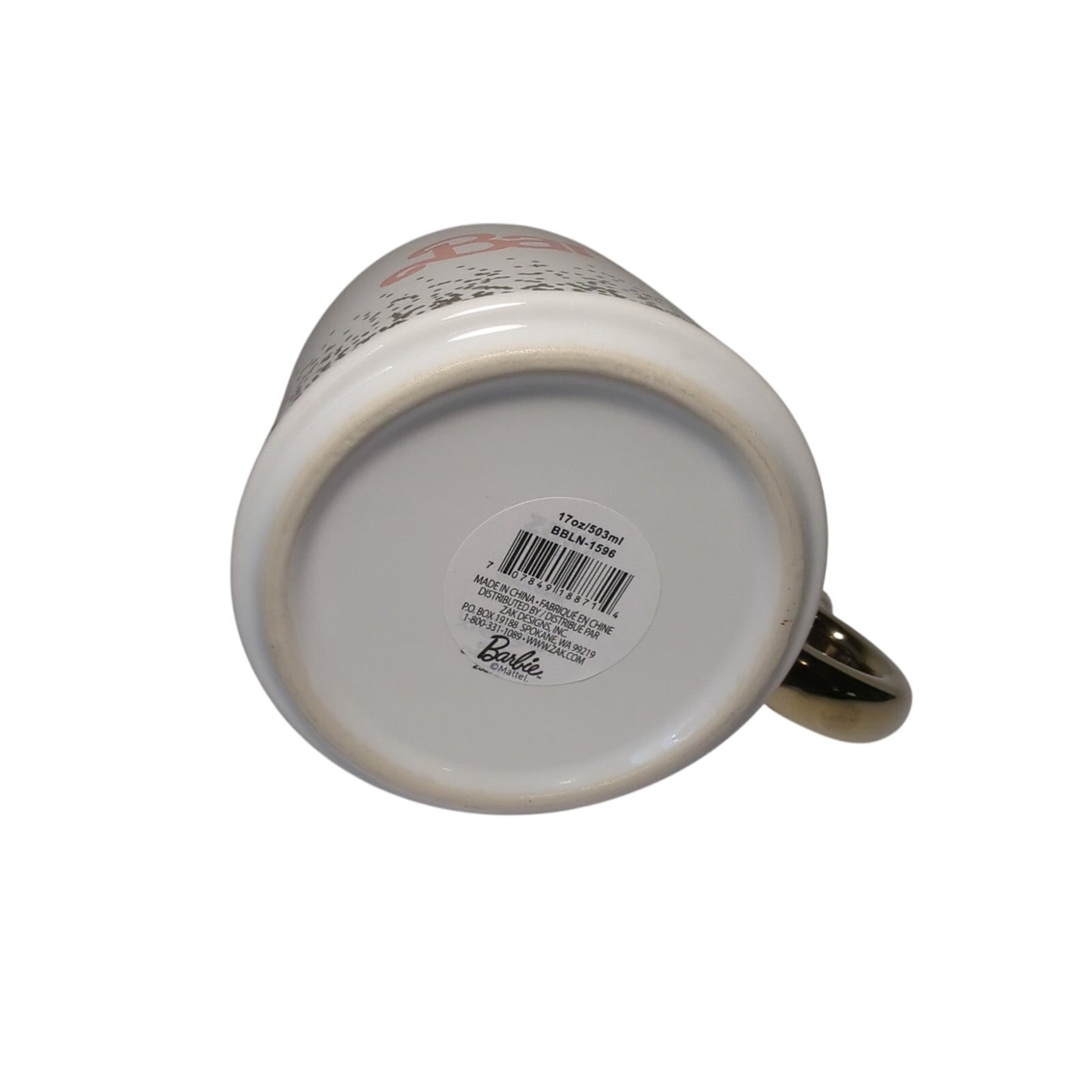 Barbie Mattel Zac Designs Ceramic White Mug With Gold Sparkles