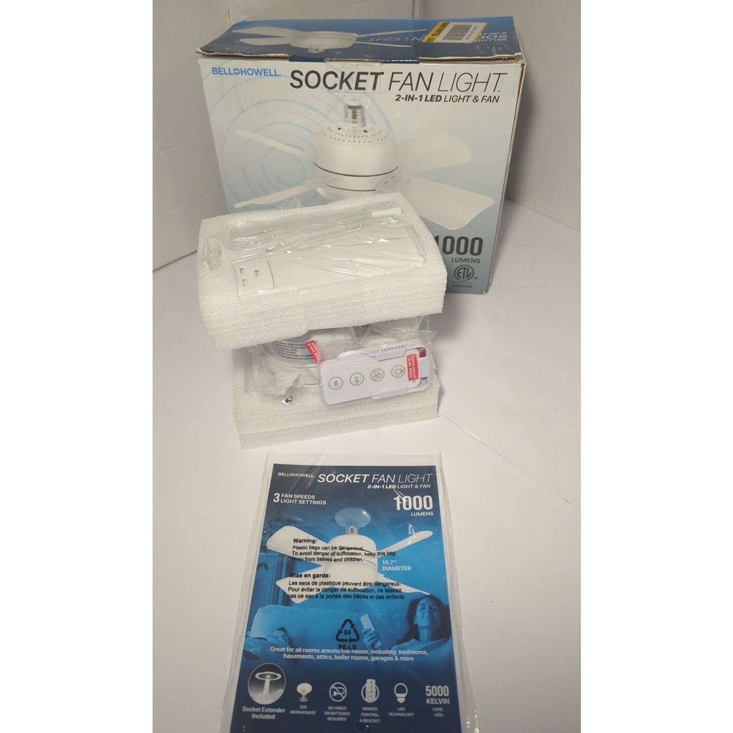 Bell Howell Socket Fan Light 2 in 1 LED Tech Remote Controlled 3 Speed