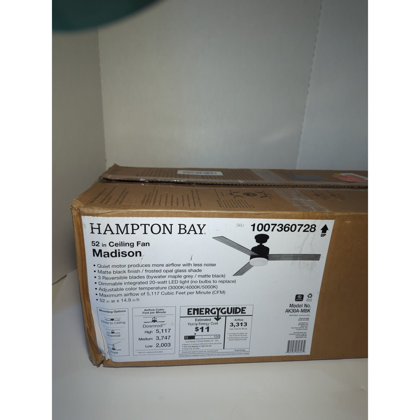 Hampton Bay 52 in Madison Indoor Ceiling Fan Matte Black Frosted Opal Glass Shade