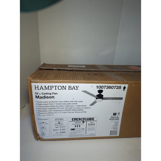 Hampton Bay 52 in Madison Indoor Ceiling Fan Matte Black Frosted Opal Glass Shade